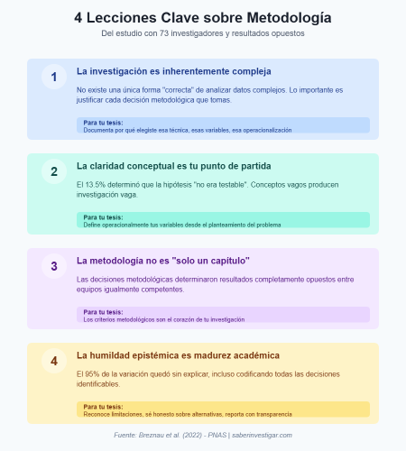 Infografía con las 4 lecciones clave sobre metodología de investigación para tesistas